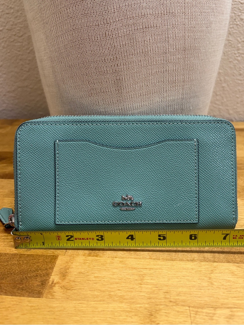 Coach Accordion Zip Wallet Crossgrain Leather Blue Teal Exterior Pocket 54007 - Picture 2 of 6